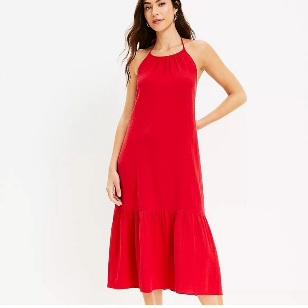 LOFT Red Halter Midi Dress - SMOCKED CUT OUT BACK - nwt MEDIUM